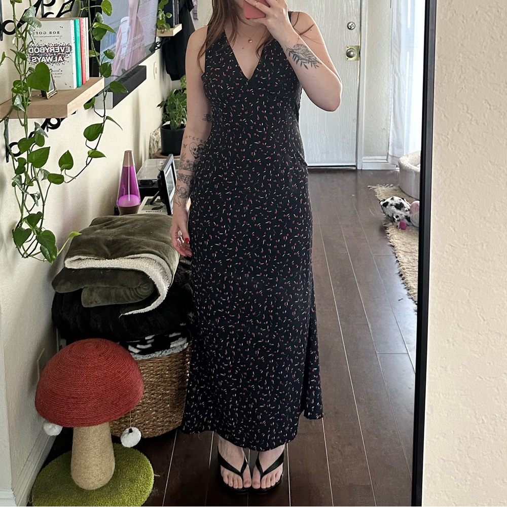 Princess Polly Black Dress with Red Floral Design